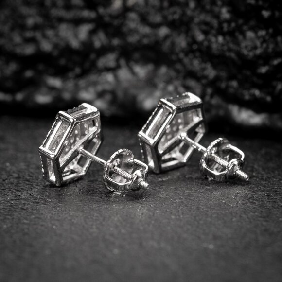 White Gold 925 Sterling Silver Men's Hip Hop Octagon Cz Stud Earrings - Picture 5 of 5